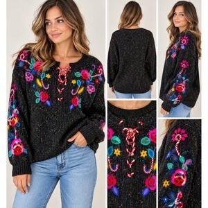 Vintage Together! Black Confetti Knit Floral Embroidered Lace Up Sweater XL